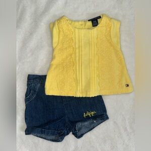 Tommy Hilfiger Yellow Lace Top with Dark Denim Shorts Set